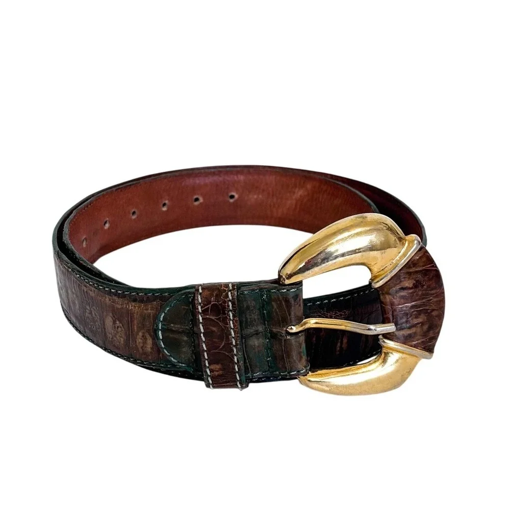 Vintage Glamour Bags Womens Western Leather Belt Size L Brown Green Reptile Boho